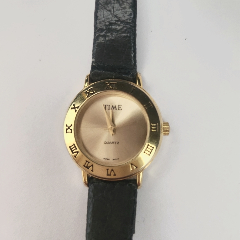 Gold and Black Quartz "TIme" Watch With Black Leather Strap
